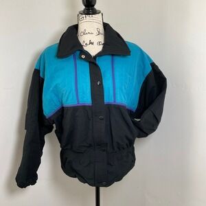 Vintage SERAC Colorblock Ski Jacket Teal Black Sz 10 90s Winter Coat Puffer Snow